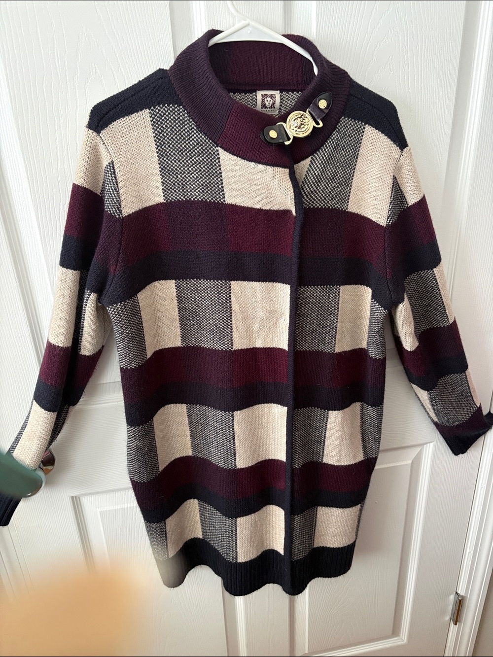 Vintage Anne Klein Patchwork Knit Sweater Coat Cardigan Burgundy Navy Cream Lion